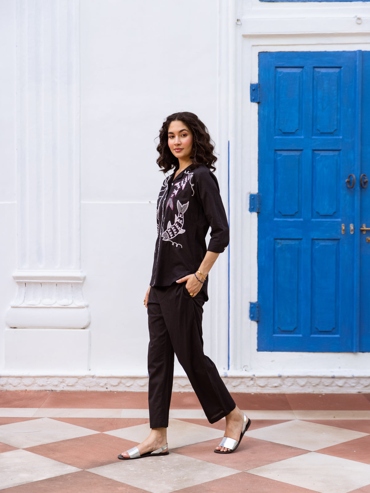 Blue Pine Black Embroidery Co-ord set