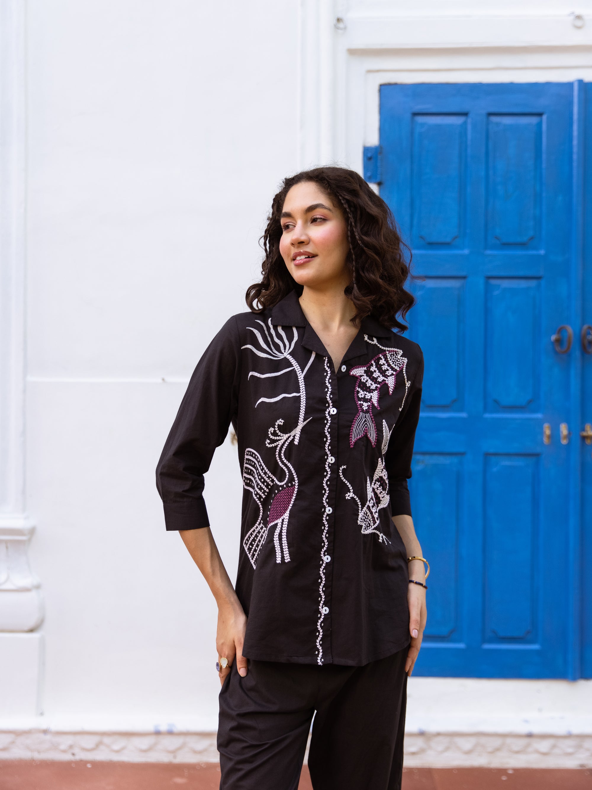 Blue Pine Black Embroidery Co-ord set