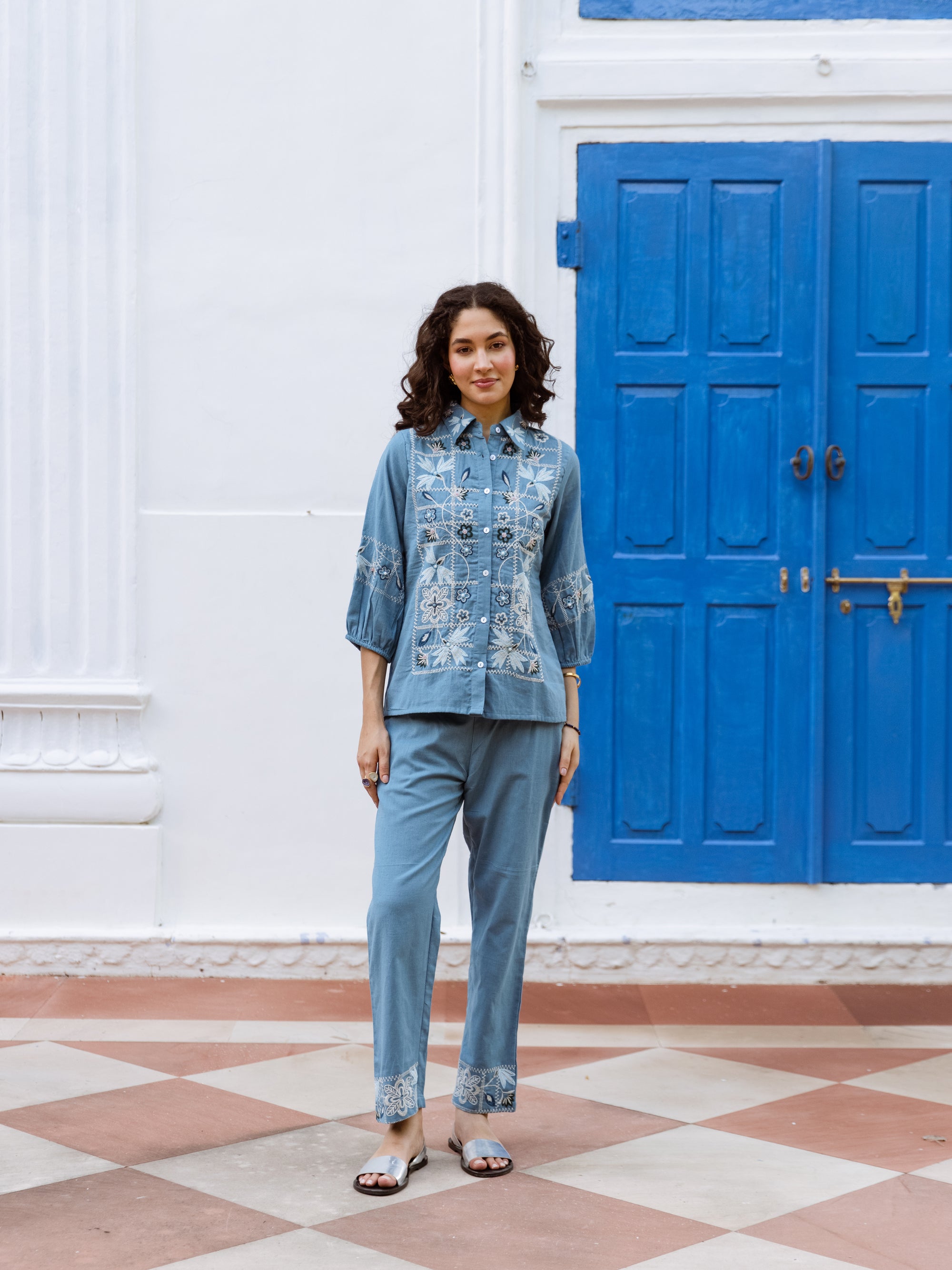 Aarna Blue Embroidery Co-ord Set