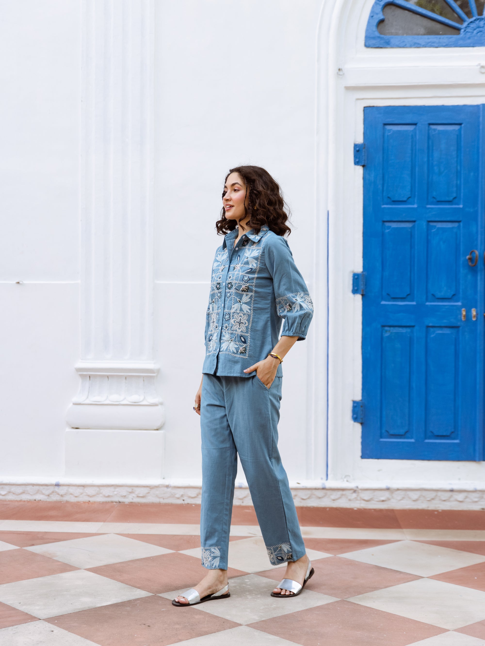 Aarna Blue Embroidery Co-ord Set