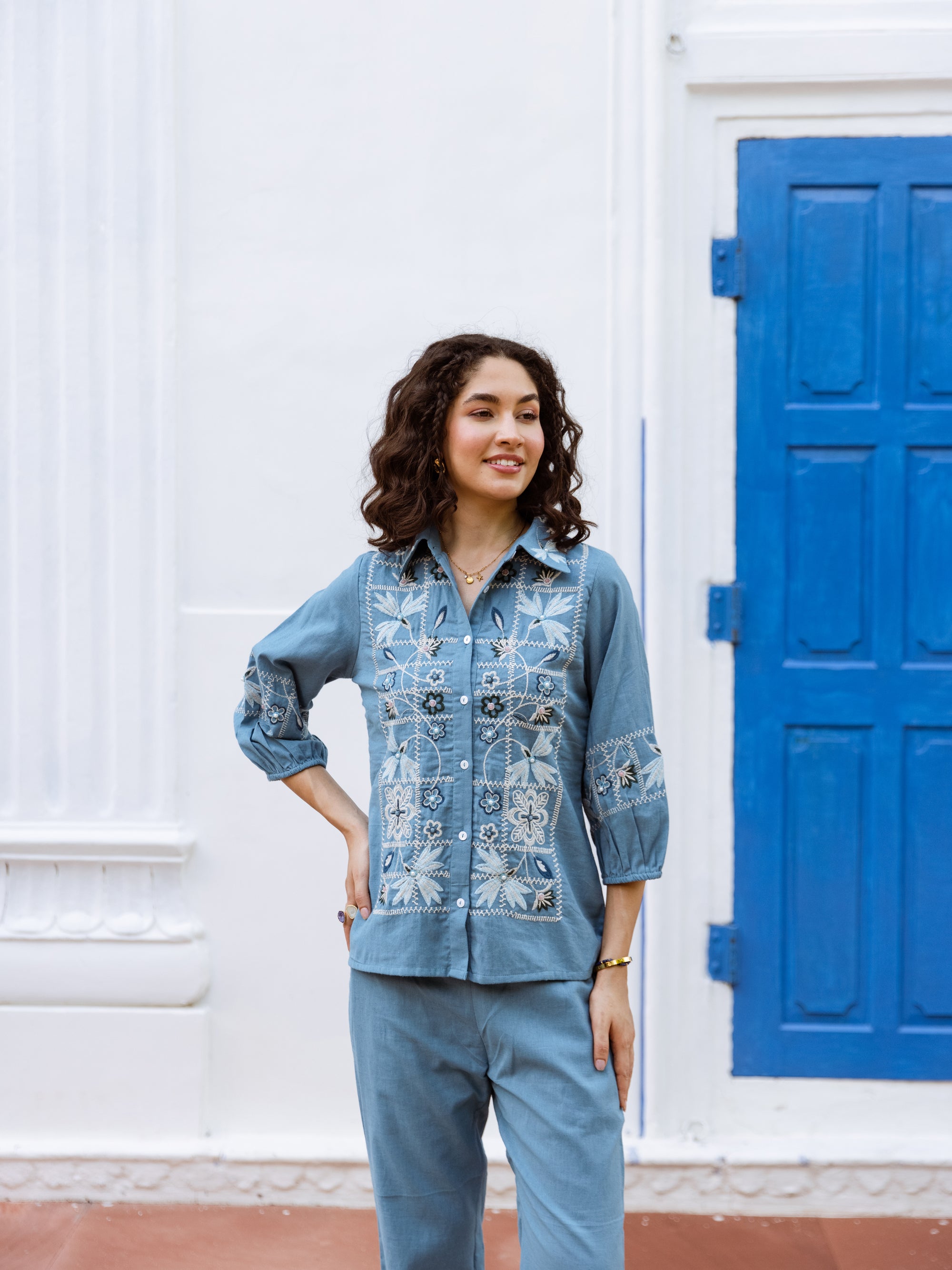 Aarna Blue Embroidery Co-ord Set