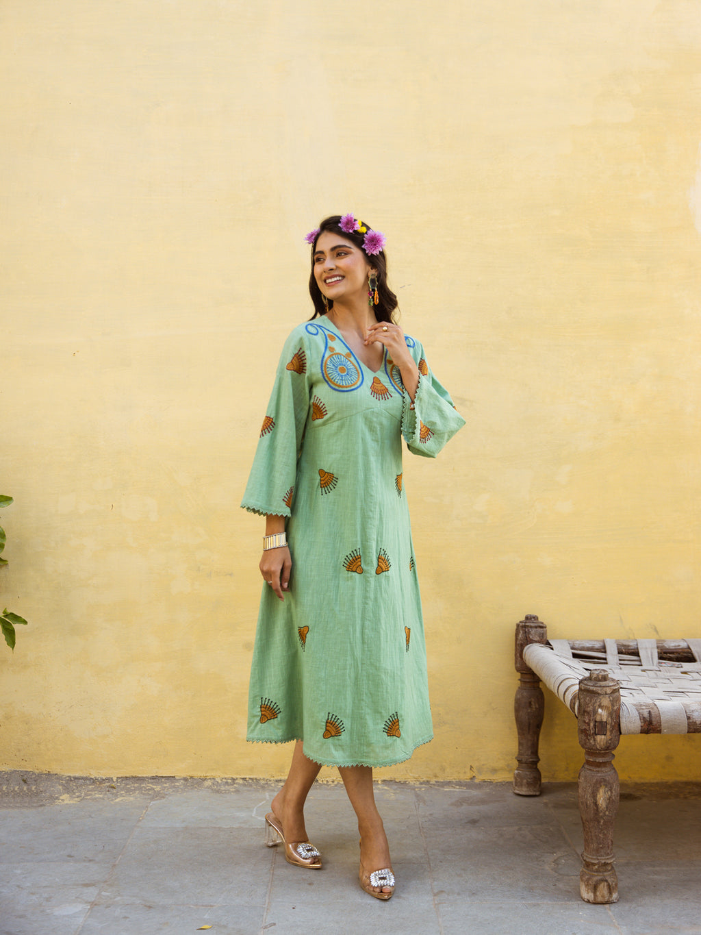 Bold Green Embroidery Dress