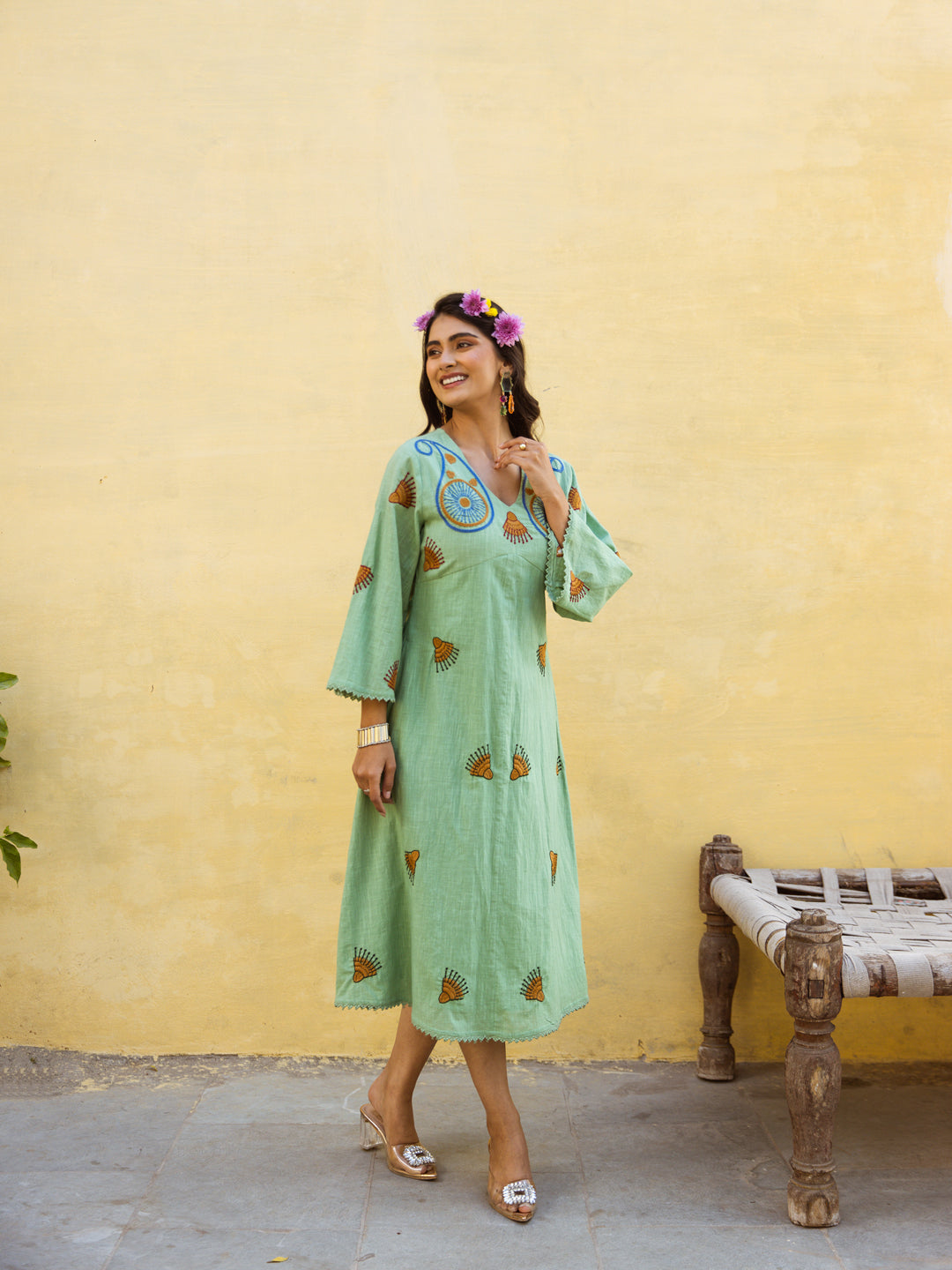 Bold Green Embroidery Dress