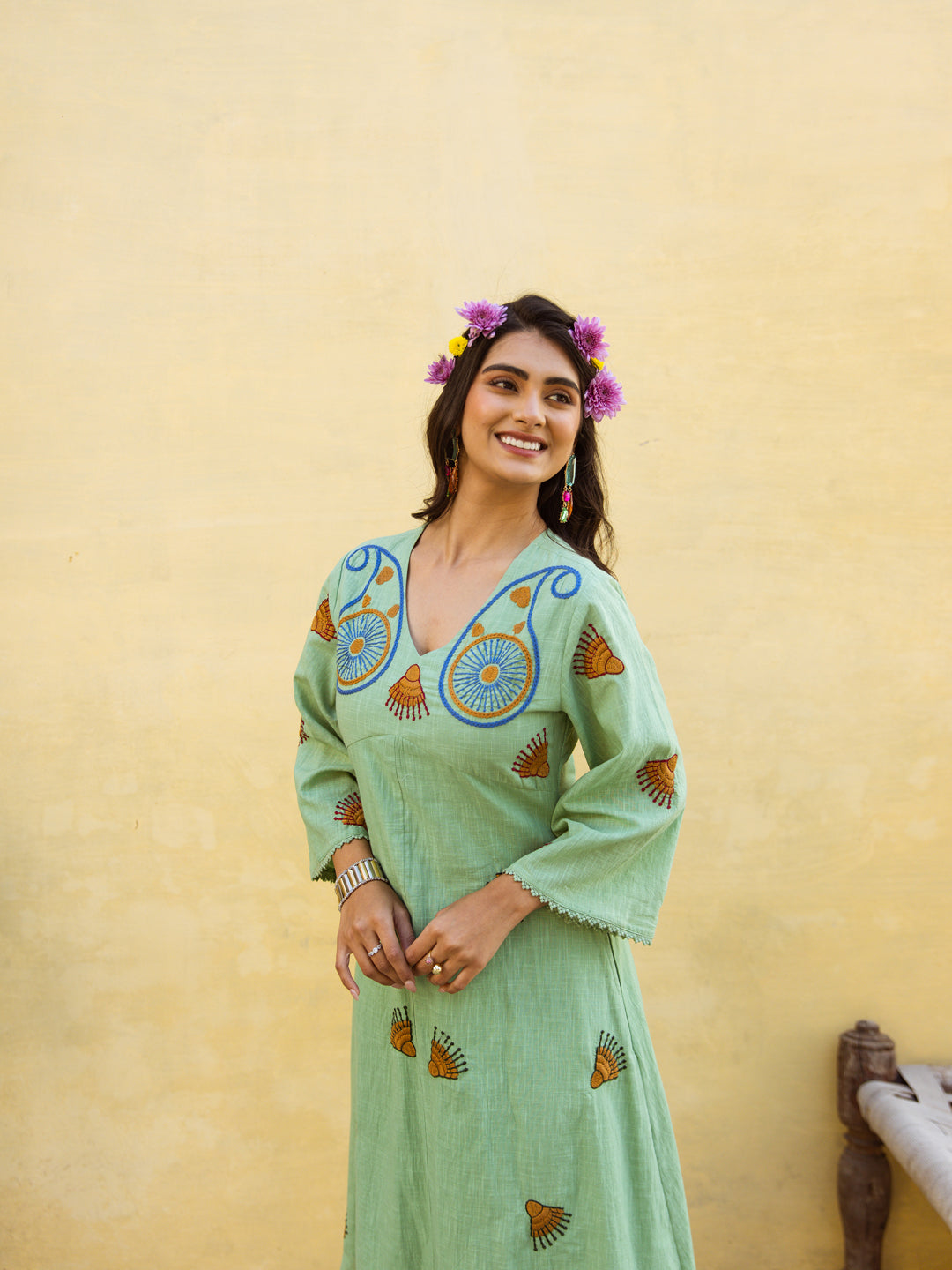 Bold Green Embroidery Dress – Aadews