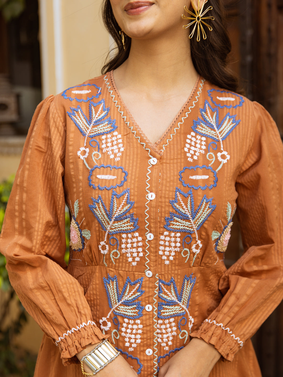 Ashar Rust Embroidery Dress