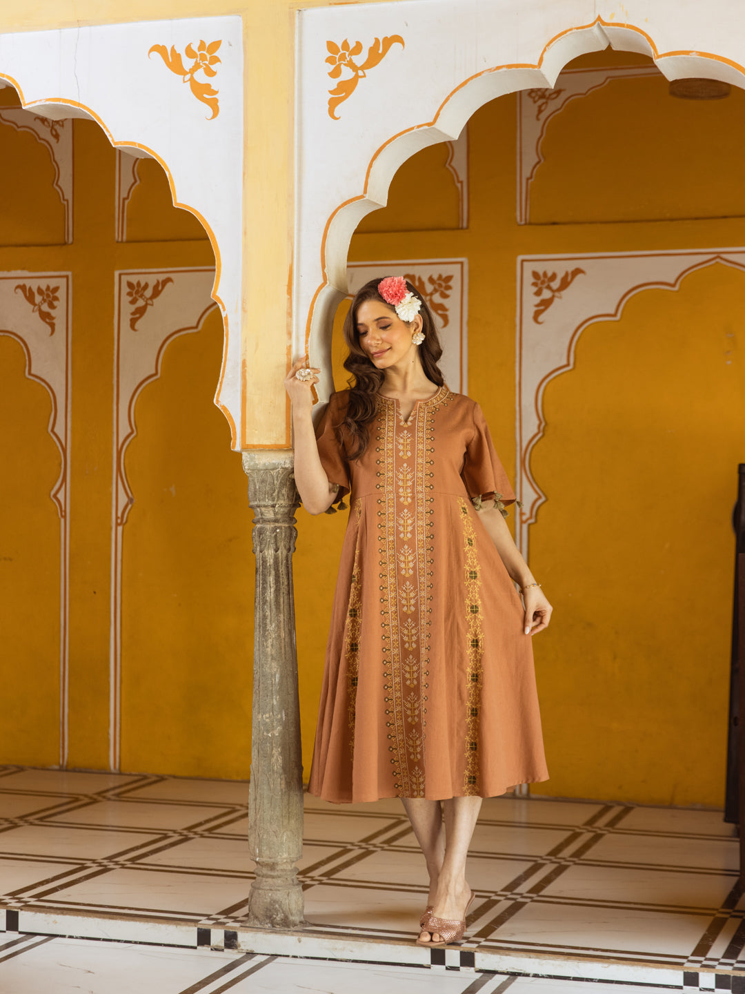 Bhavin Rust Embroidery Dress