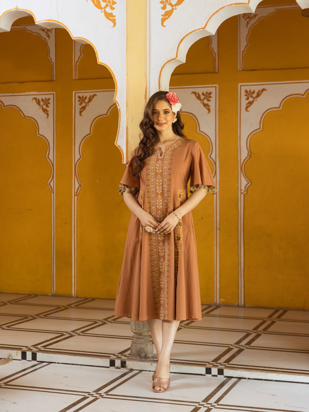 Bhavin Rust Embroidery Dress