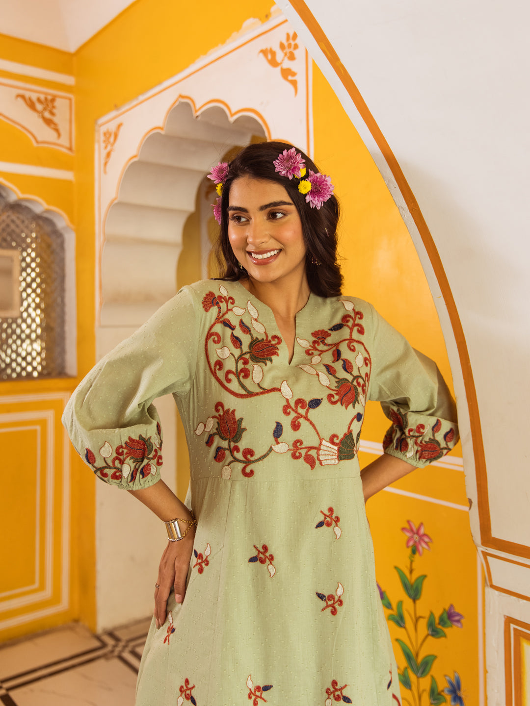 Jaya green embroidery dress