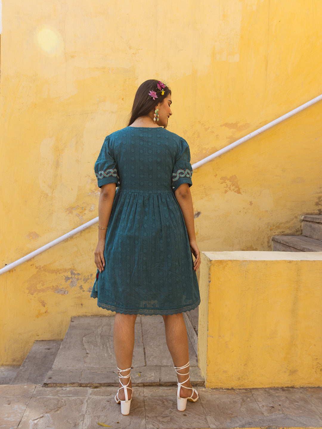 Bamboo teal green embroidery dress