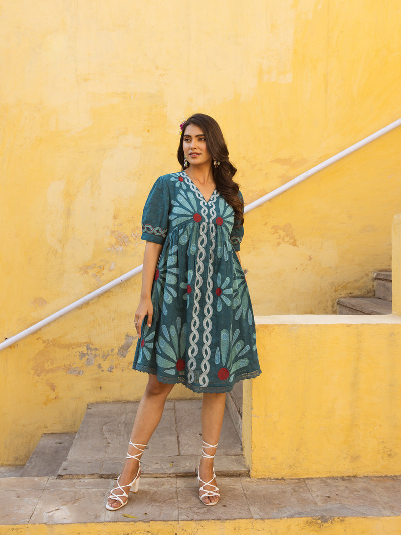 Bamboo teal green embroidery dress