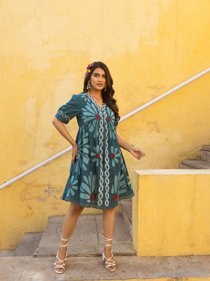 Bamboo teal green embroidery dress