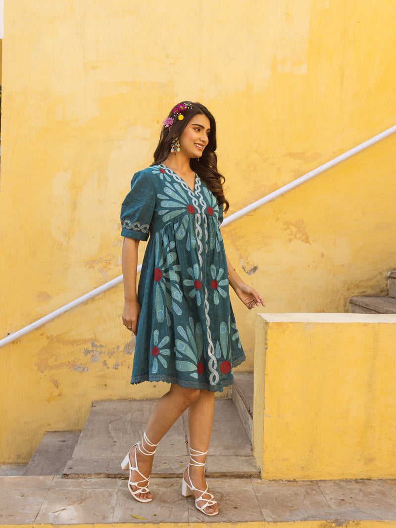 Bamboo teal green embroidery dress
