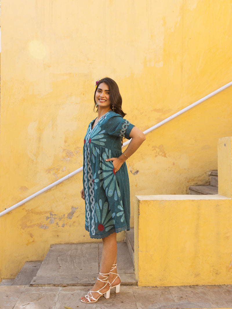 Bamboo teal green embroidery dress