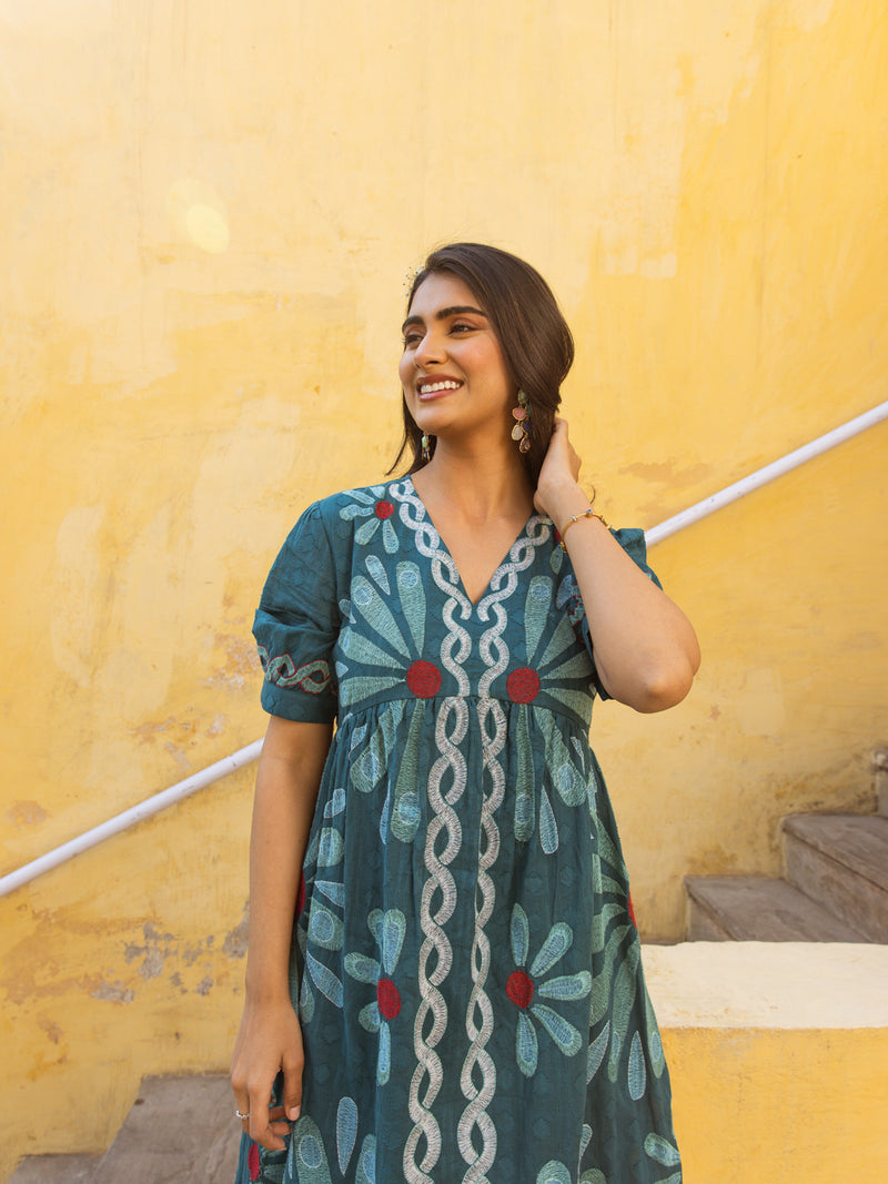 Bamboo teal green embroidery dress