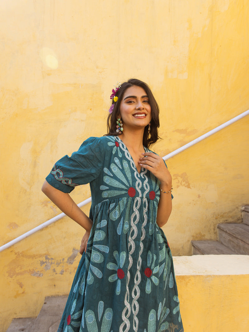 Bamboo teal green embroidery dress