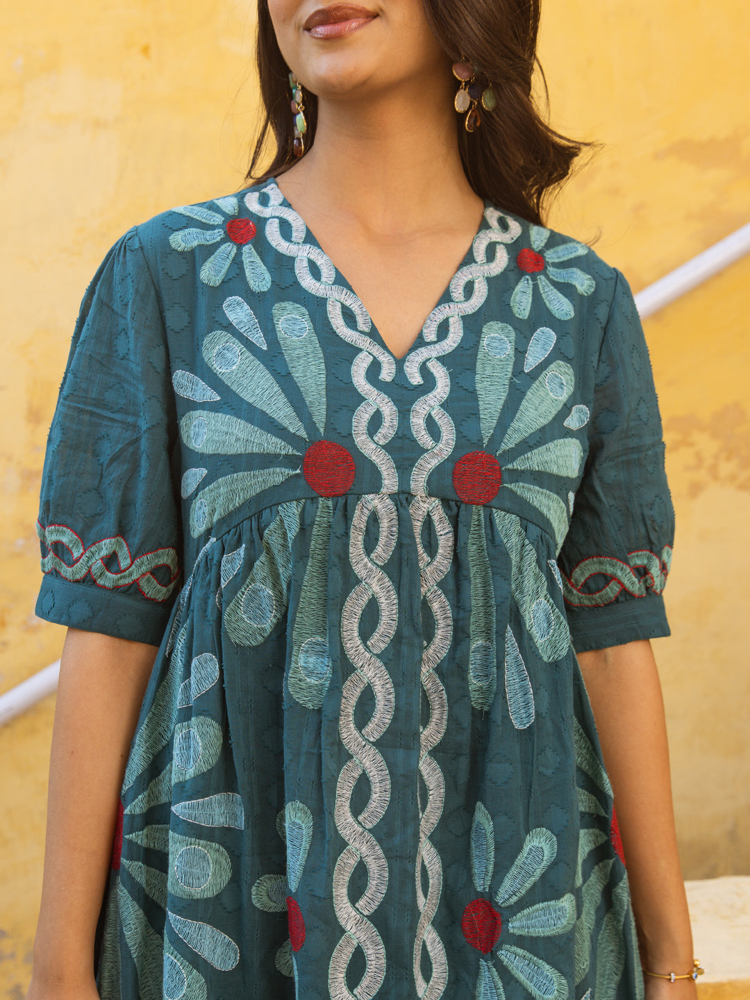 Bamboo teal green embroidery dress