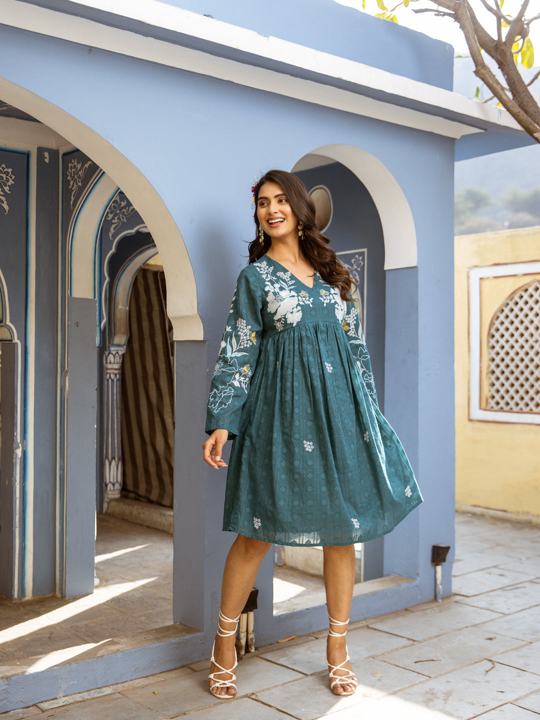 Kabir teal green embroidery dress