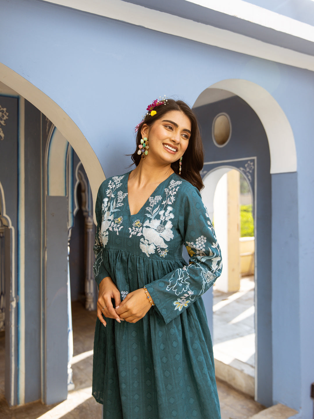 Kabir teal green embroidery dress