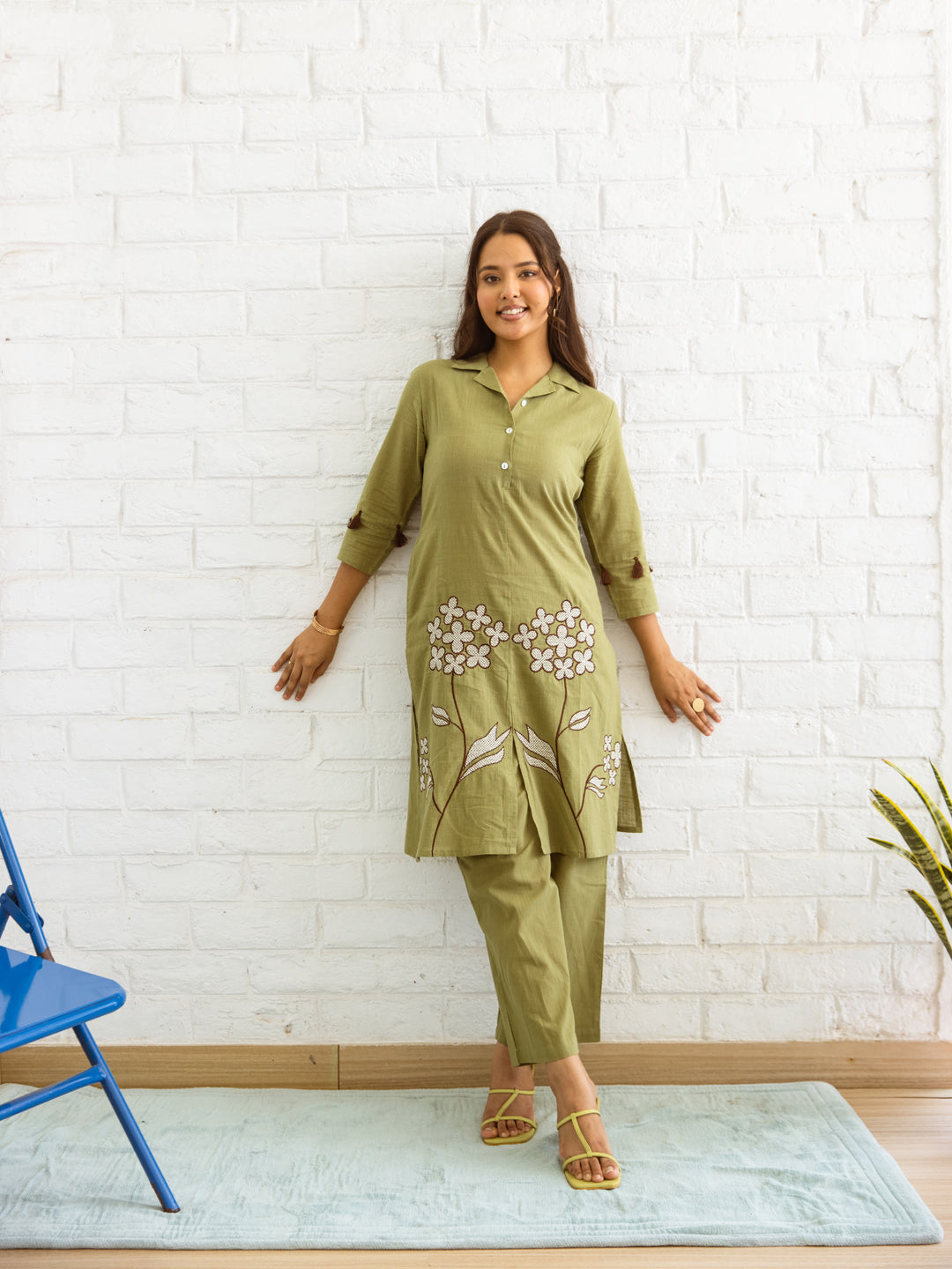 Flaur Olive Green Embroidery Co-ord set
