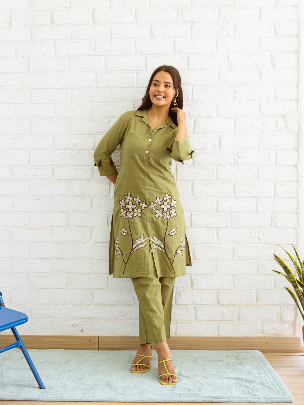 Flaur Olive Green Embroidery Co-ord set