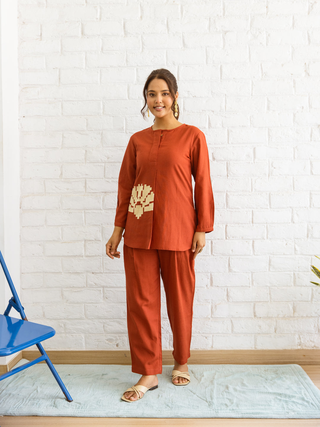Hani Rust-Orange  Embroidery Co-ord Set