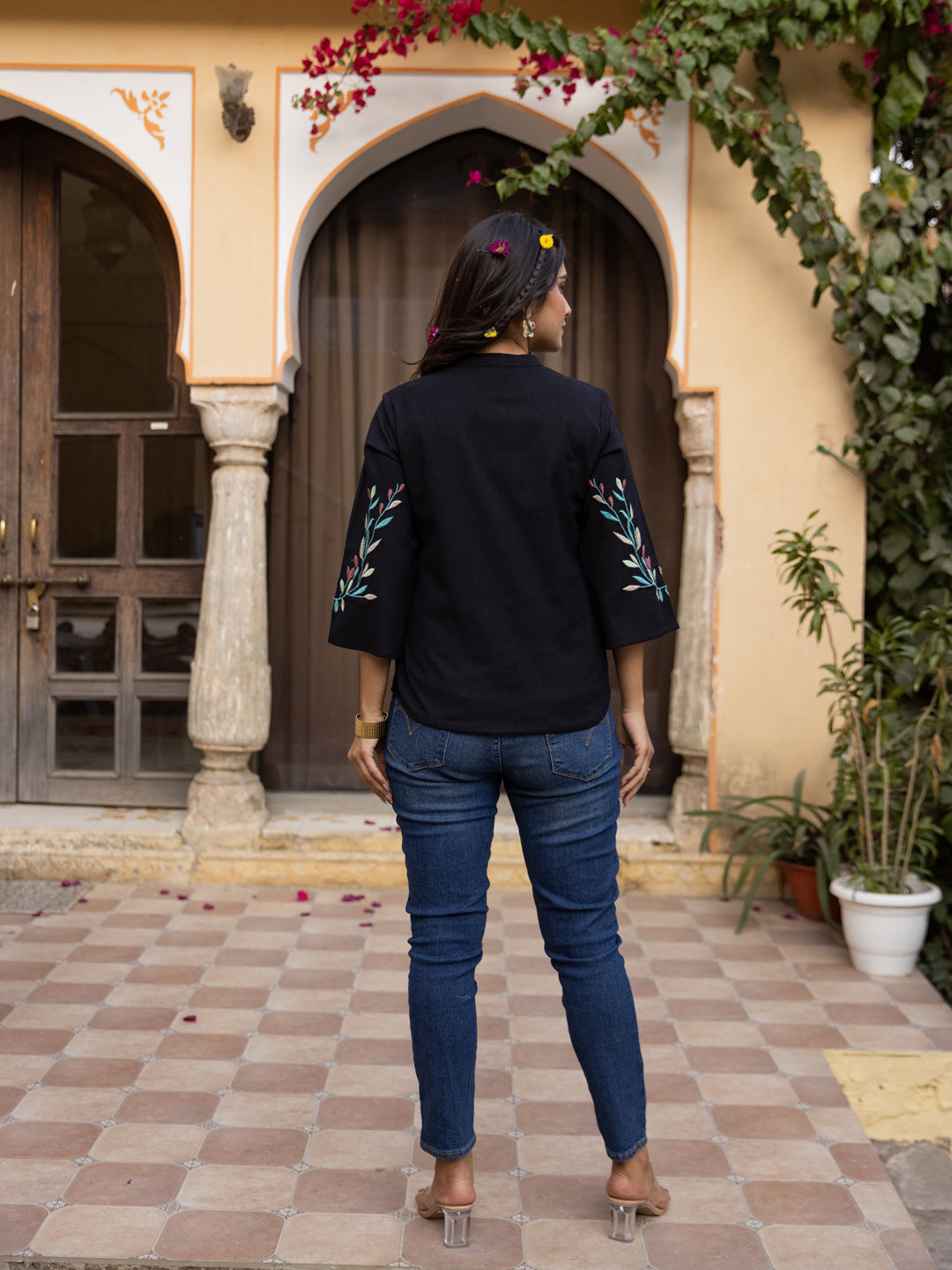 Oja embroidery black top