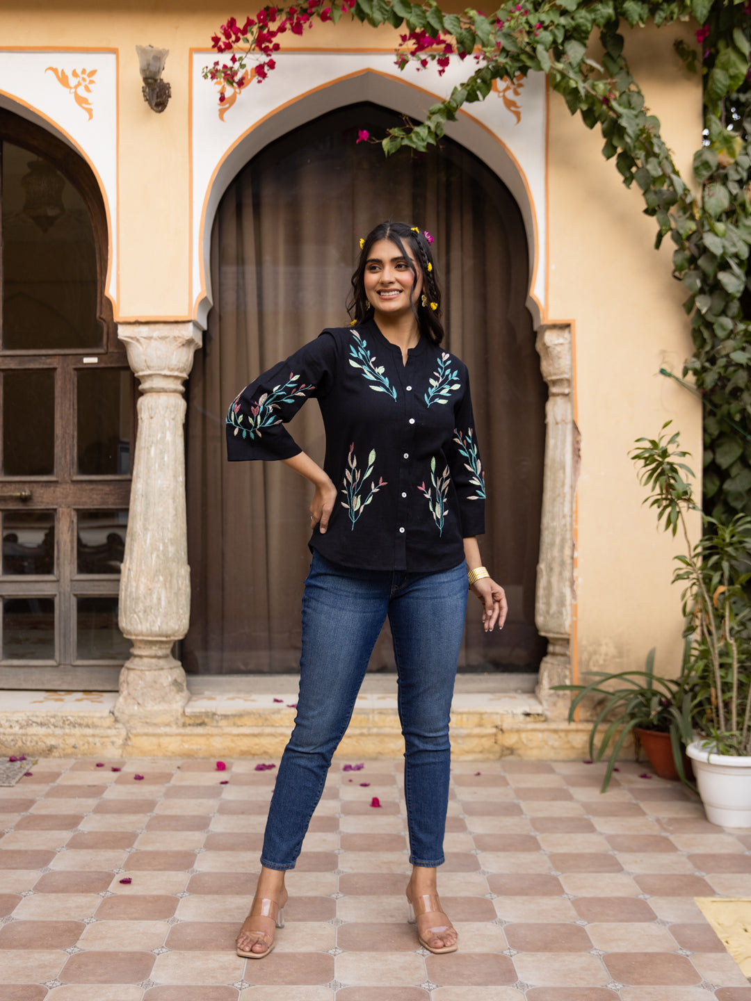 Oja embroidery black top