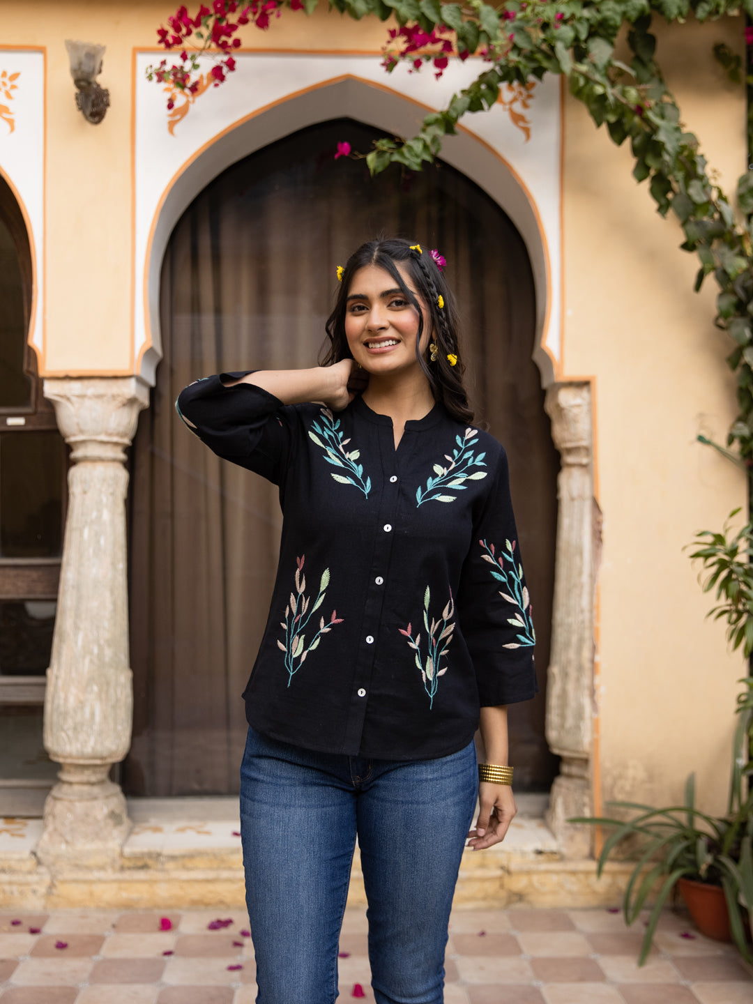 Oja embroidery black top