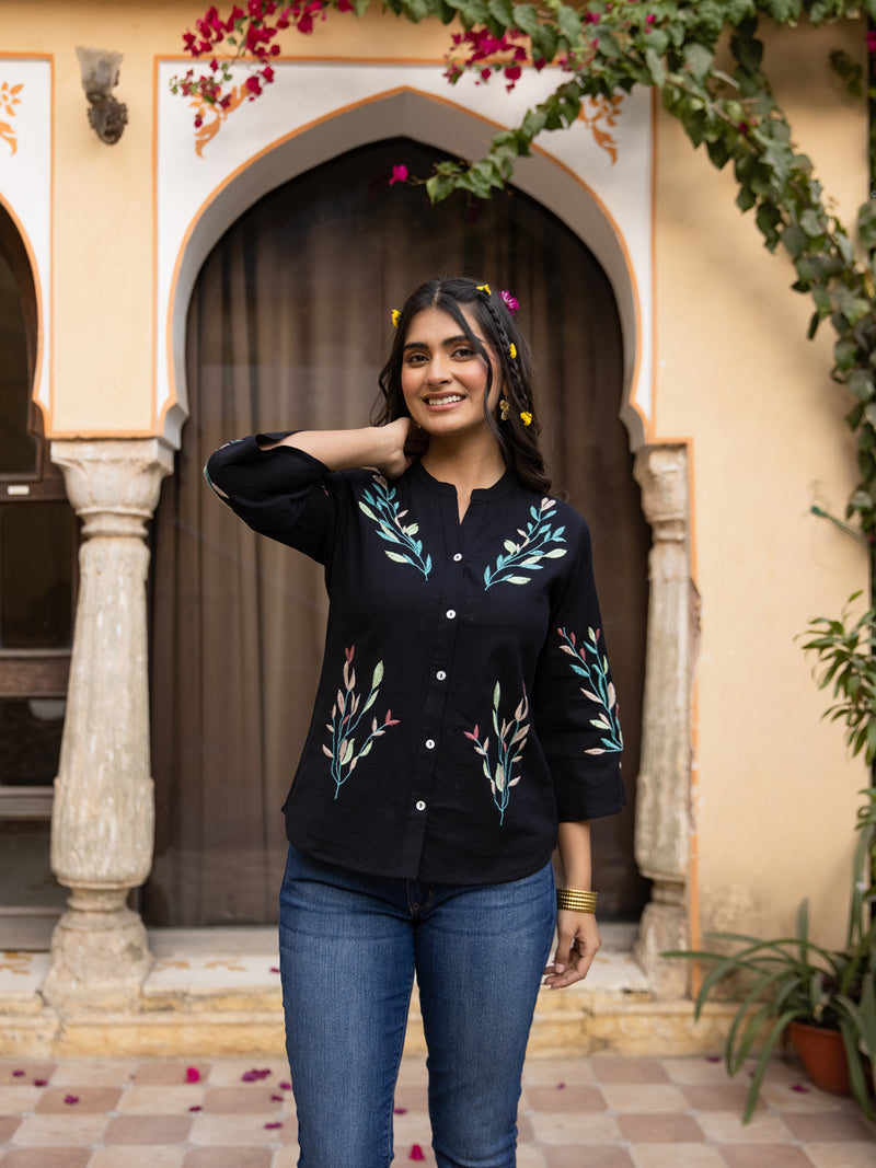 Oja embroidery black top