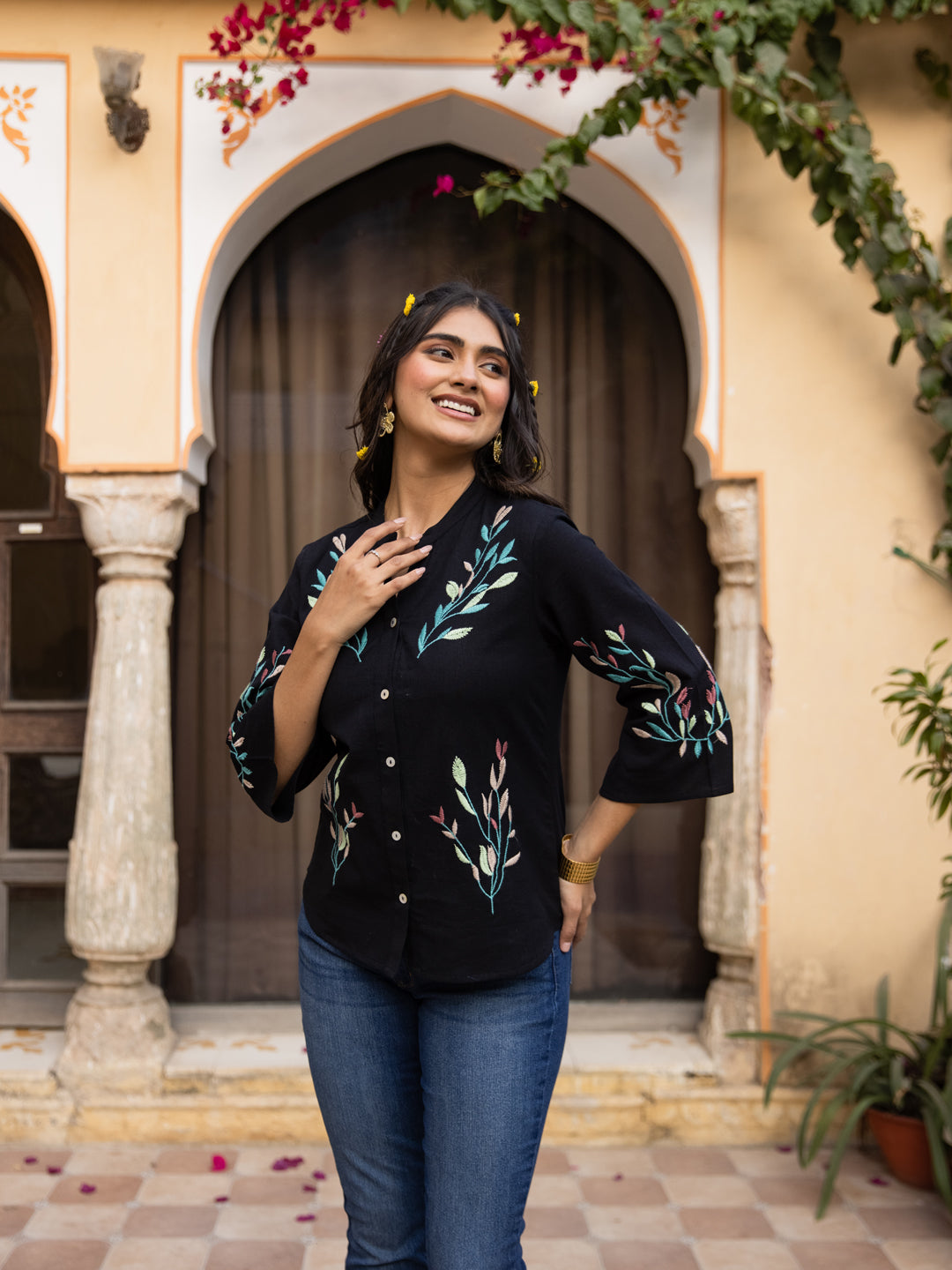 Oja embroidery black top