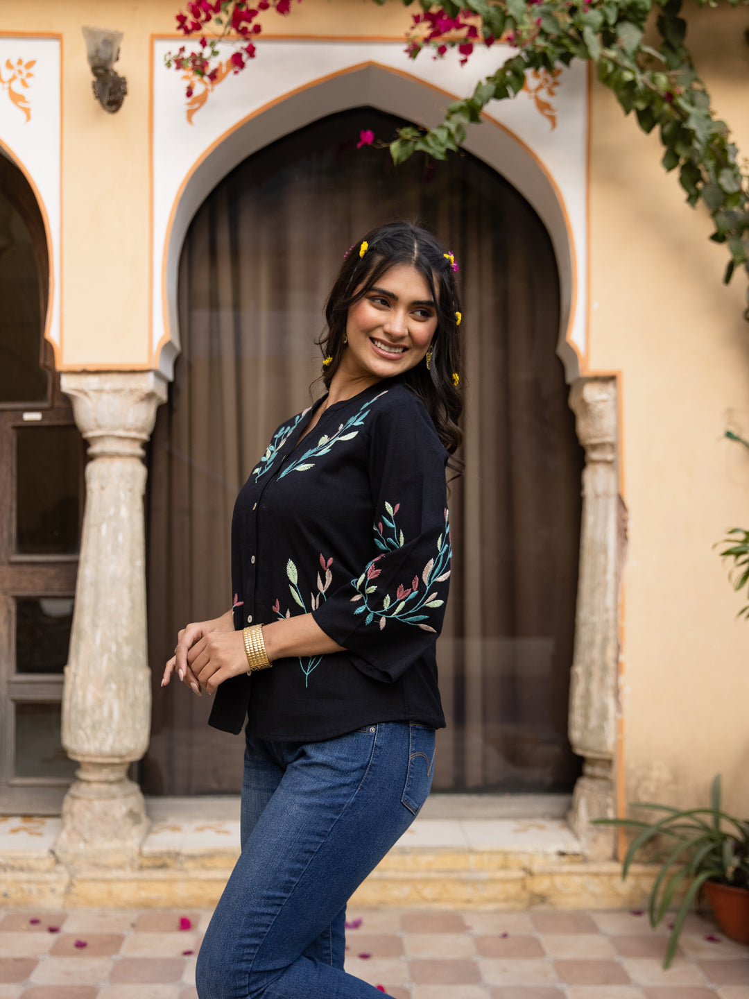 Oja embroidery black top