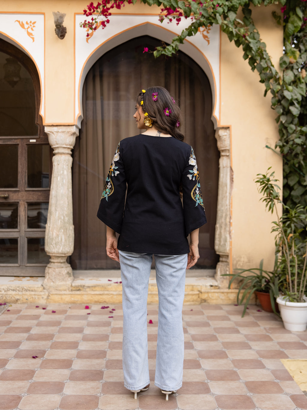 Champa Embroidery Black Top