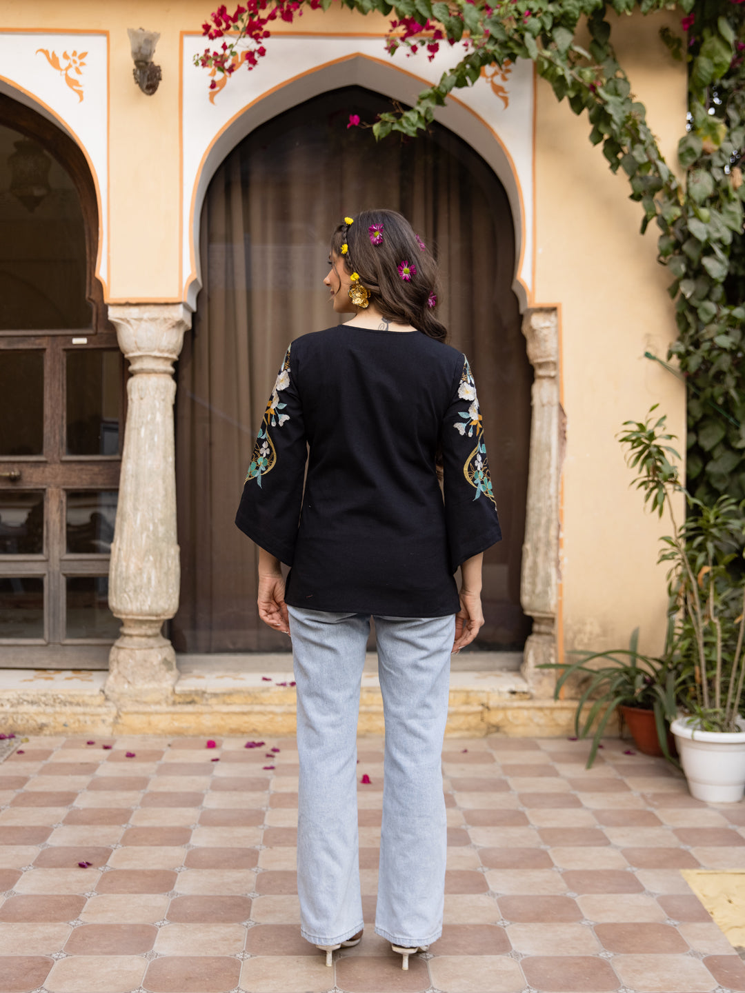 Champa Embroidery Black Top
