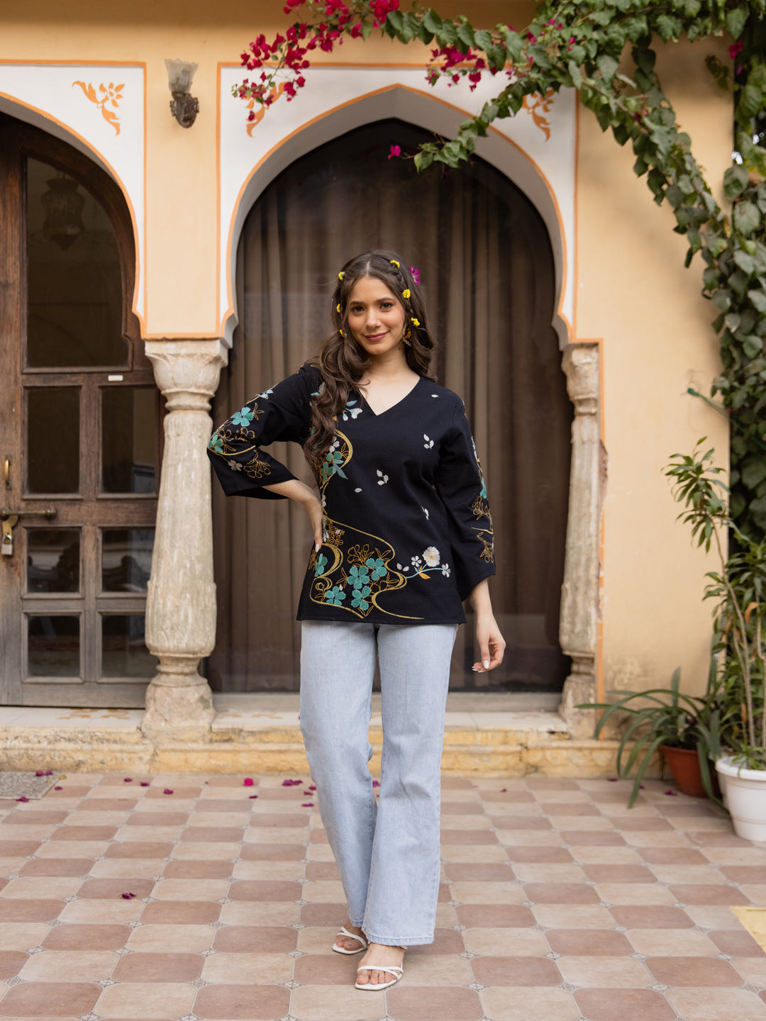 Champa Embroidery Black Top