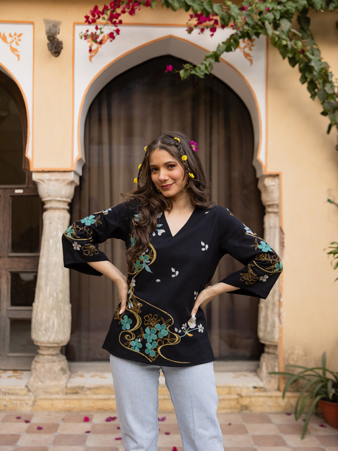 Champa Embroidery Black Top