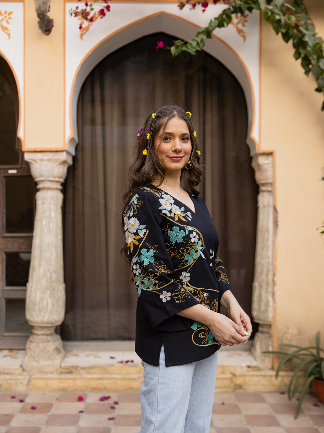 Champa Embroidery Black Top