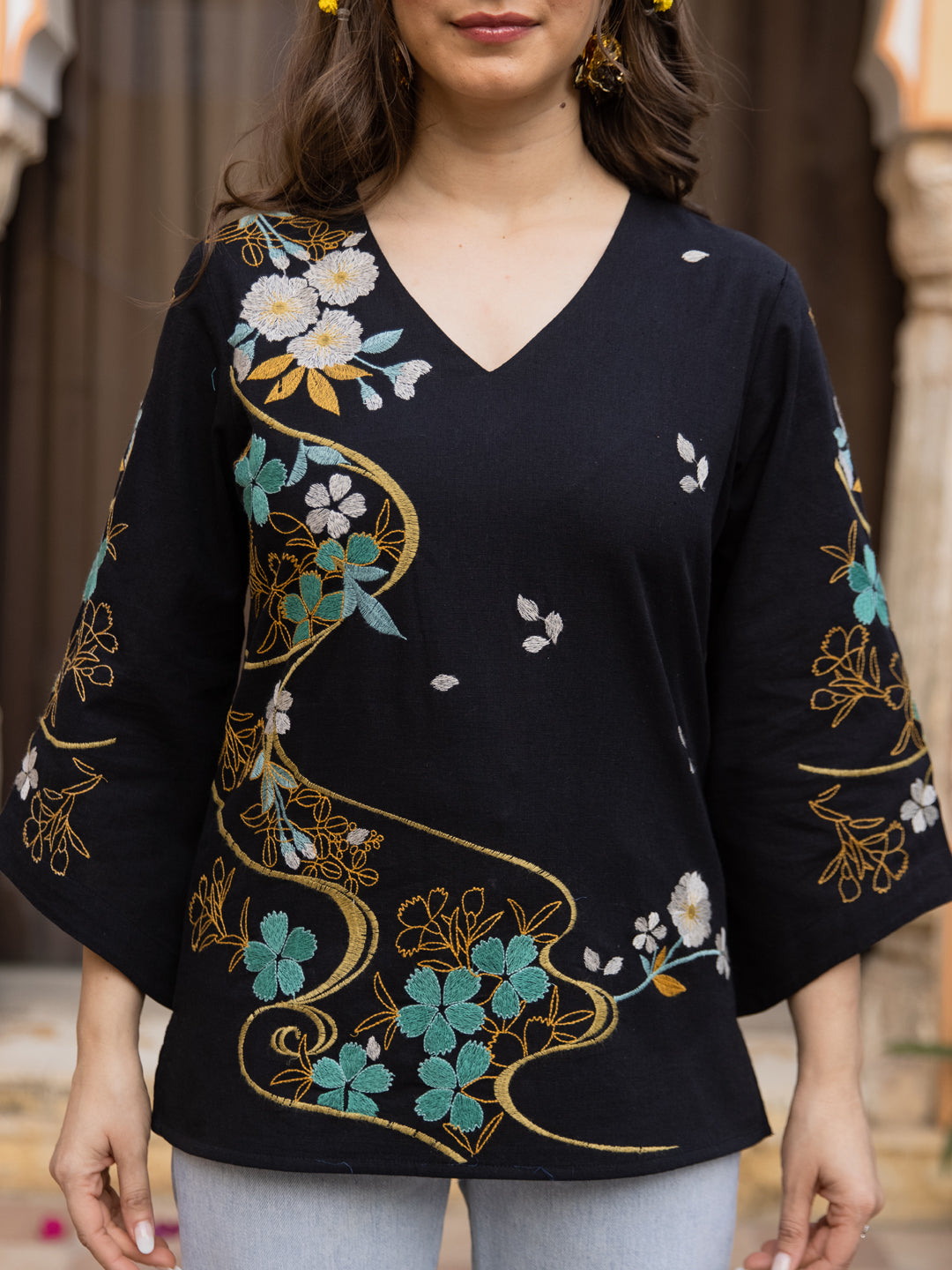 Champa Embroidery Black Top
