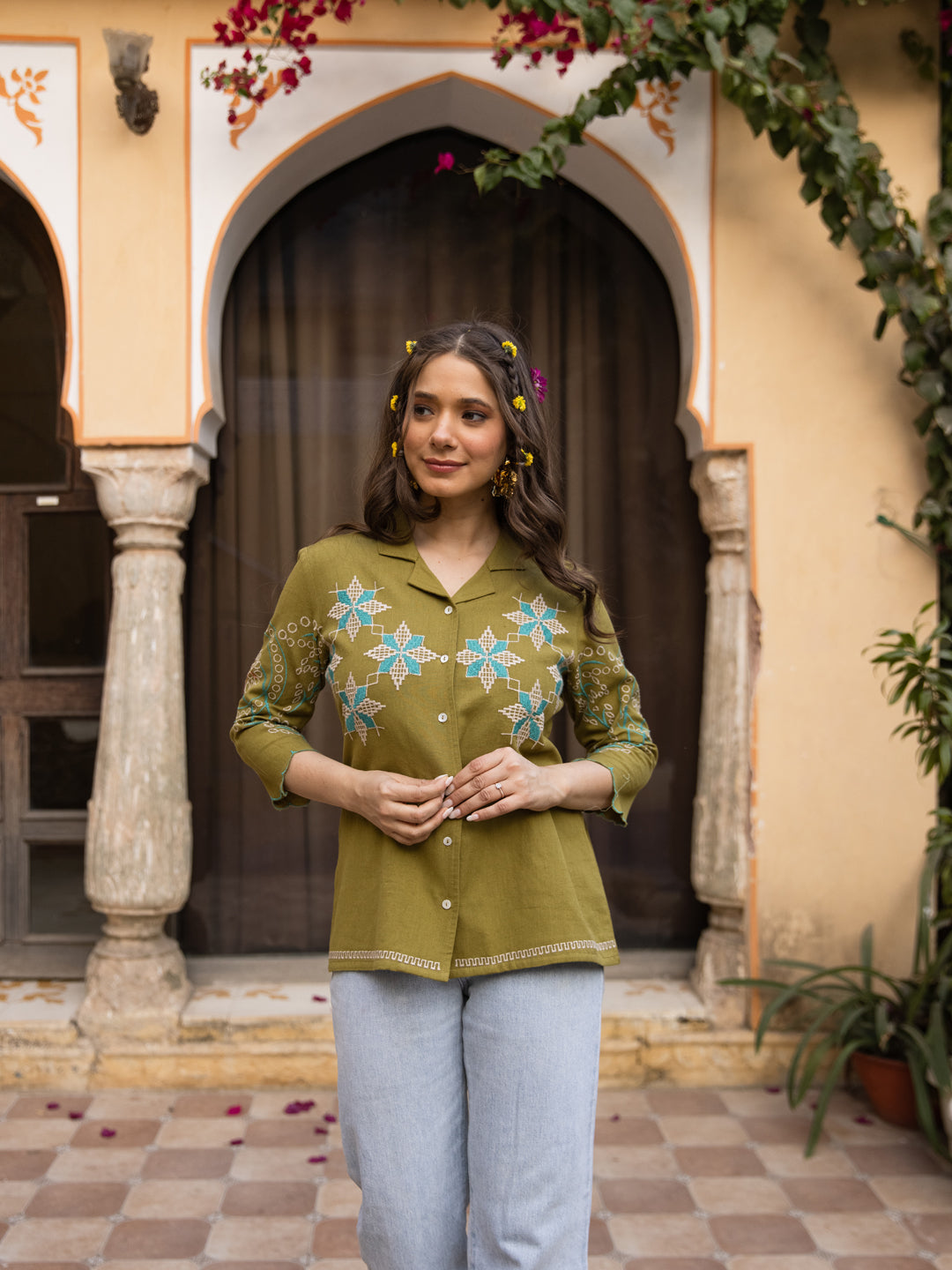 Nagma Embroidery Green Top