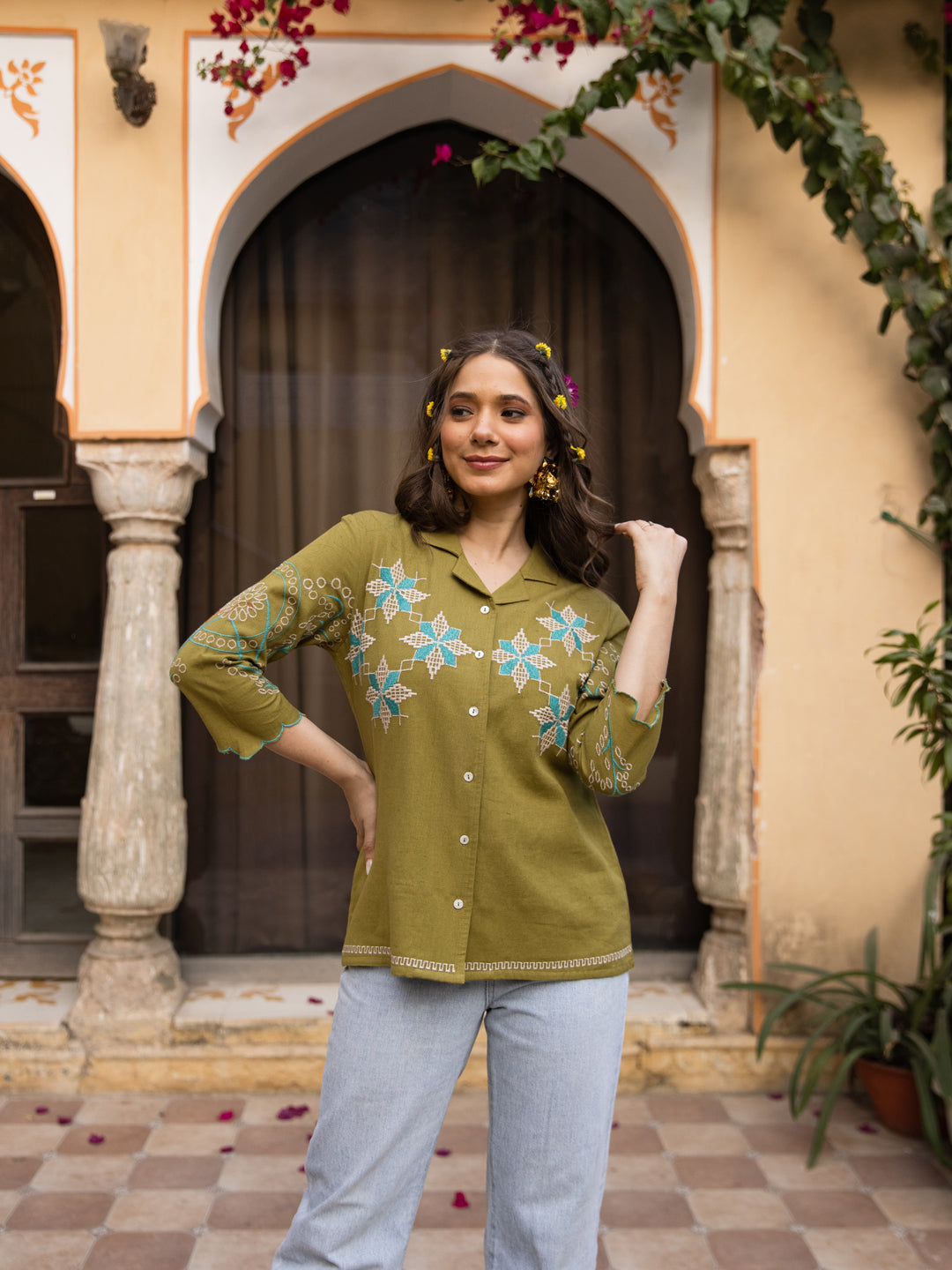 Nagma Embroidery Green Top