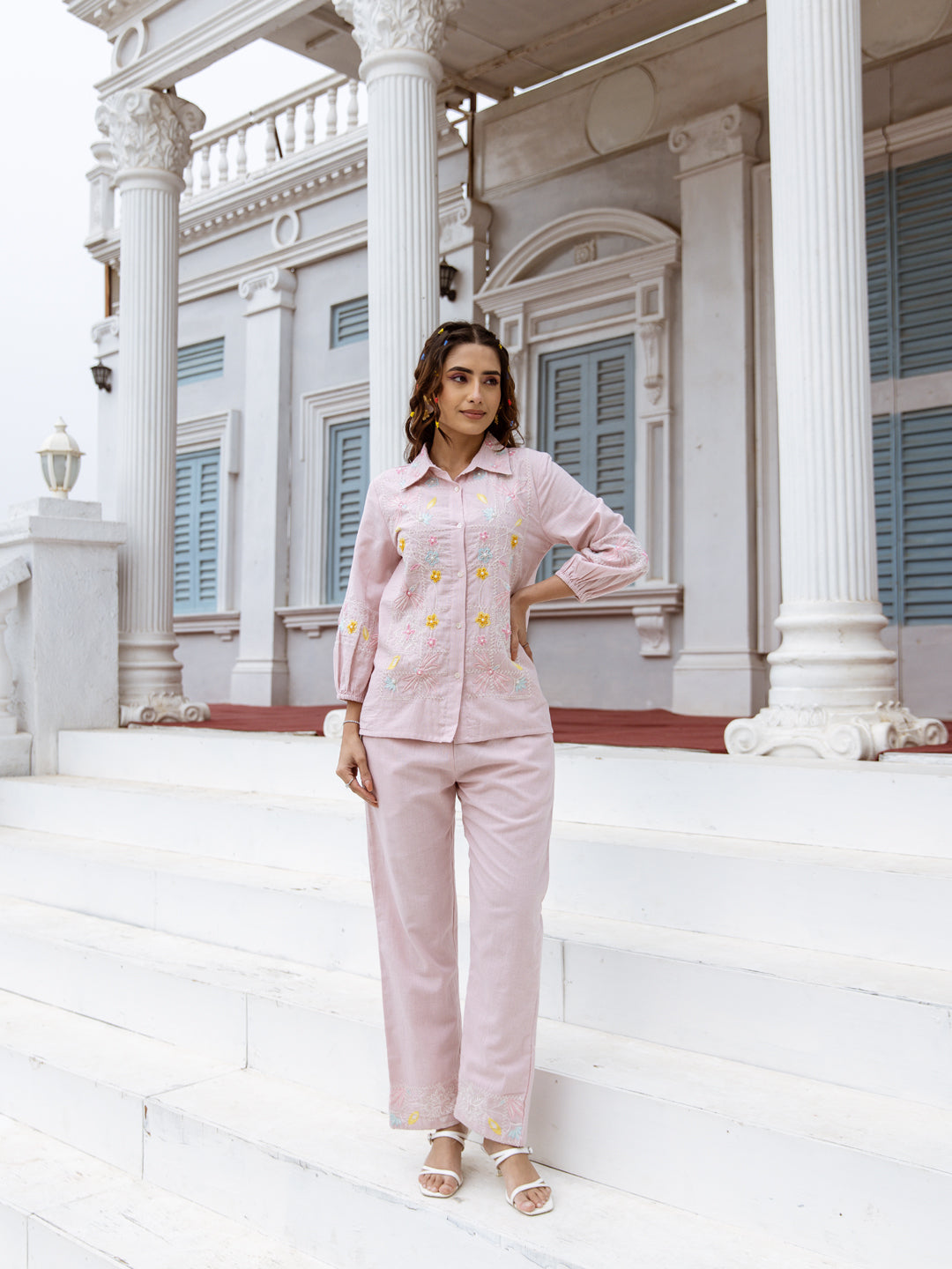 Veena pink embroidery co-ord set