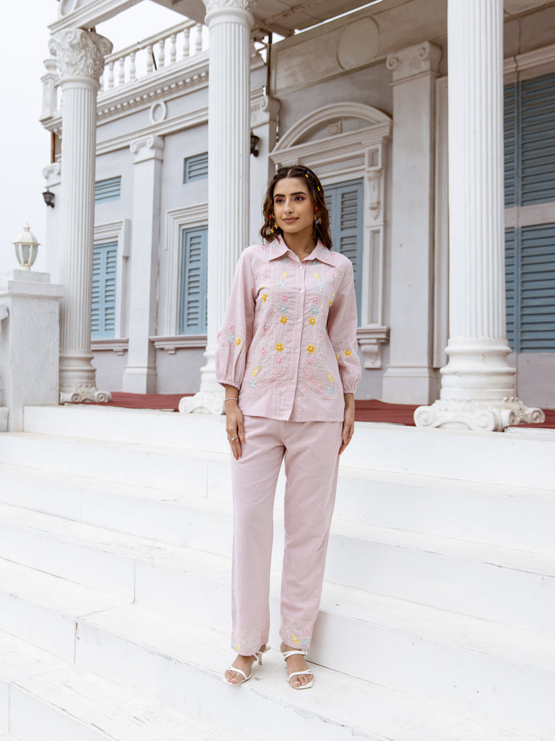 Veena pink embroidery co-ord set