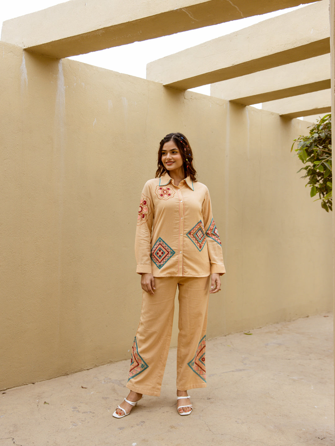 Leo Beige Bmbroidery Co-ord set