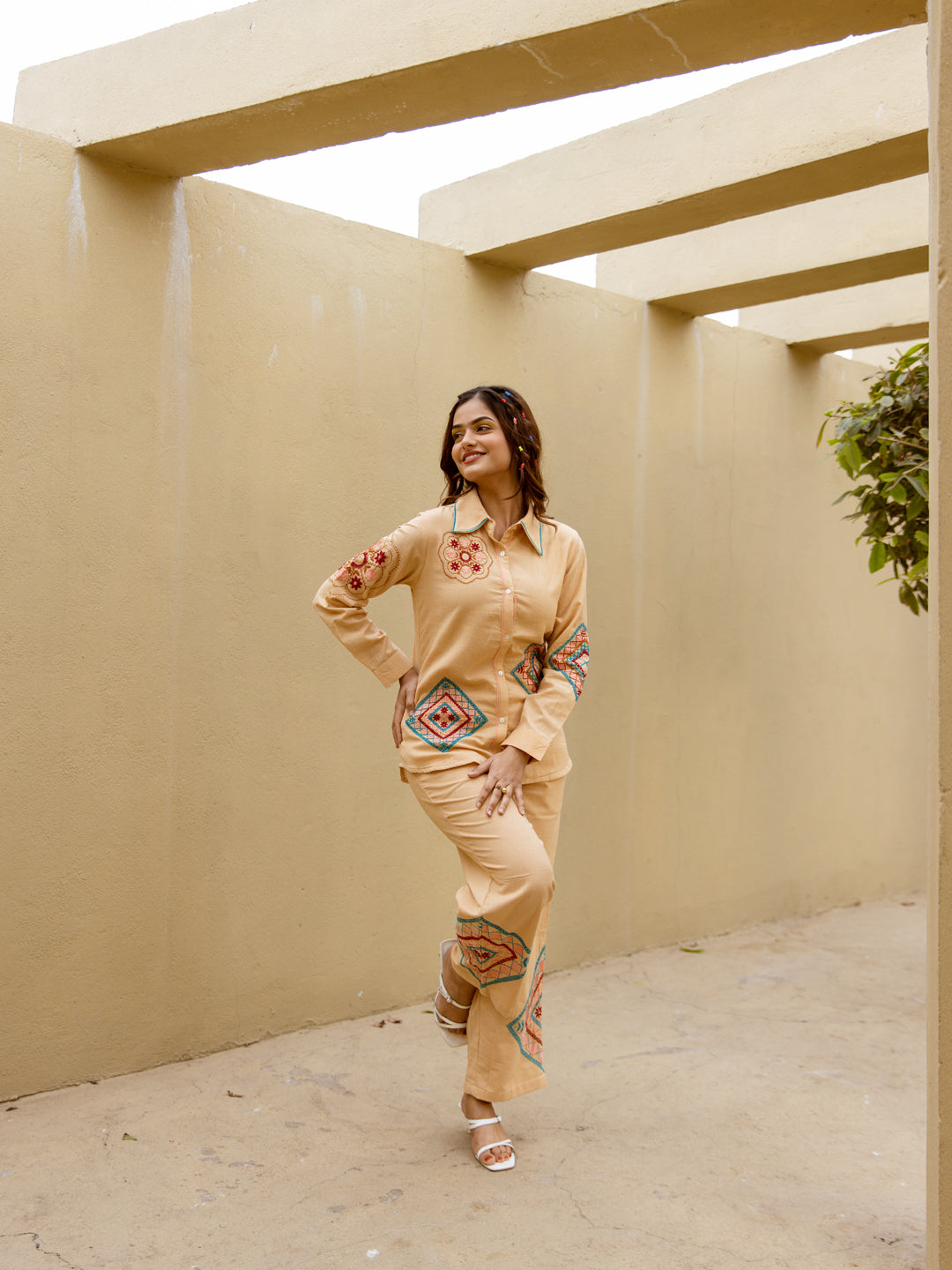 Leo Beige Bmbroidery Co-ord set