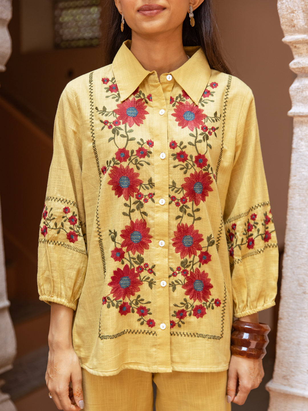 Veena Mustard  Embroidery Co-ord set