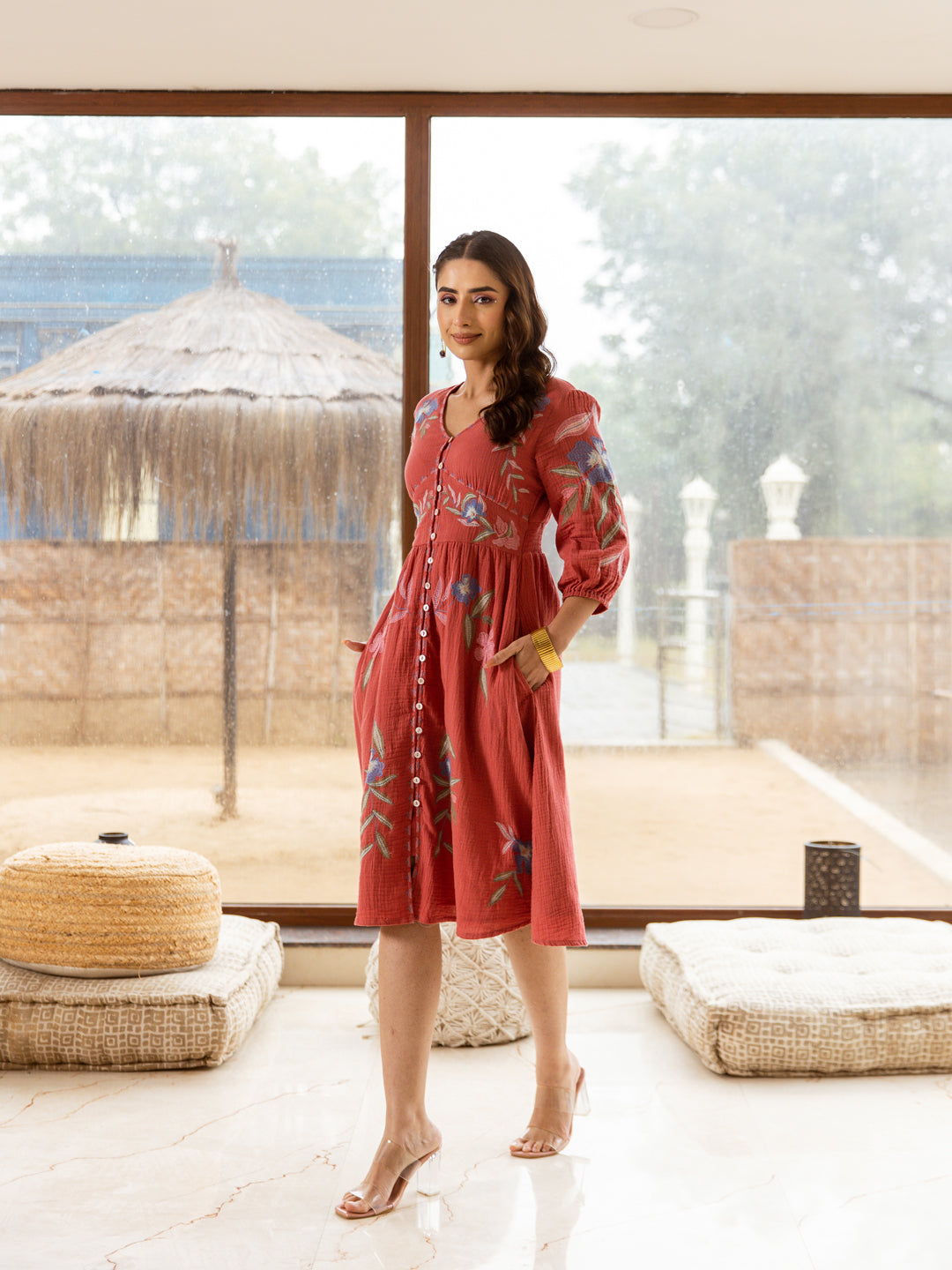 Solomon Maroon Embroidery Dress