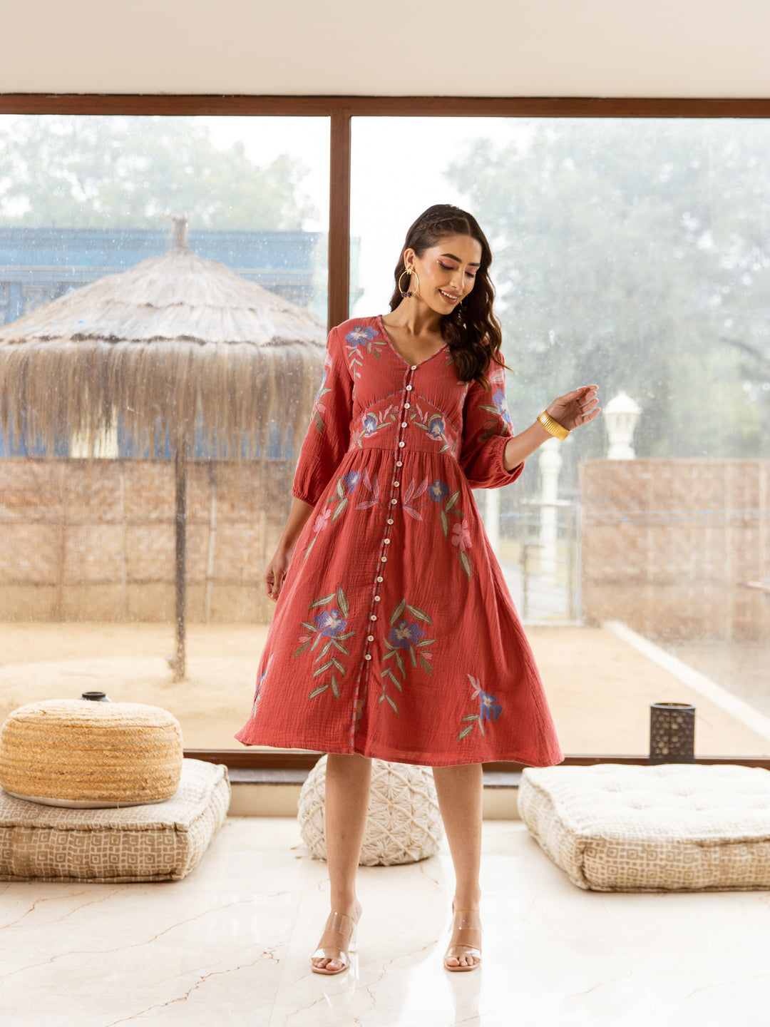 Solomon Maroon Embroidery Dress