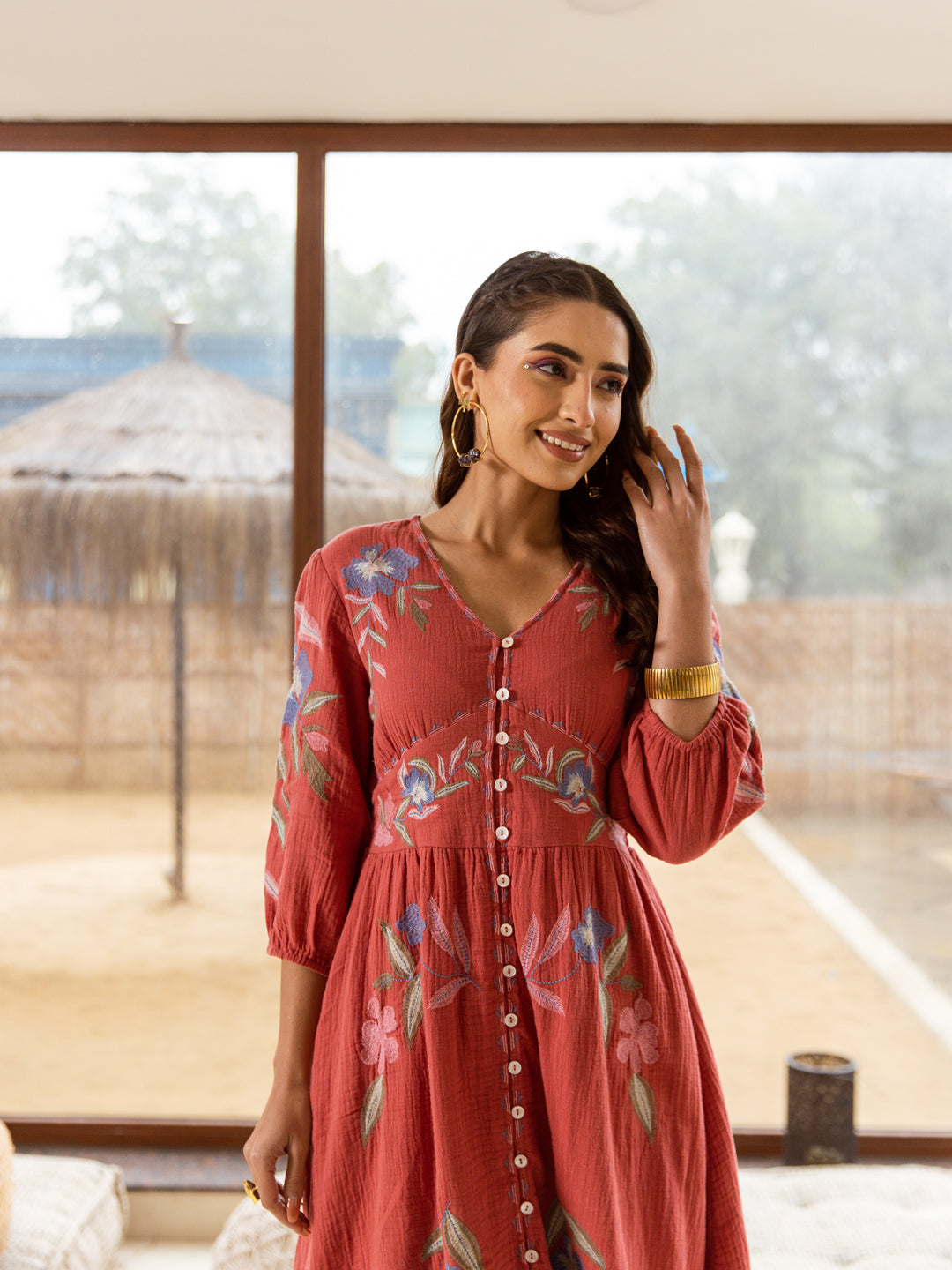 Solomon Maroon Embroidery Dress