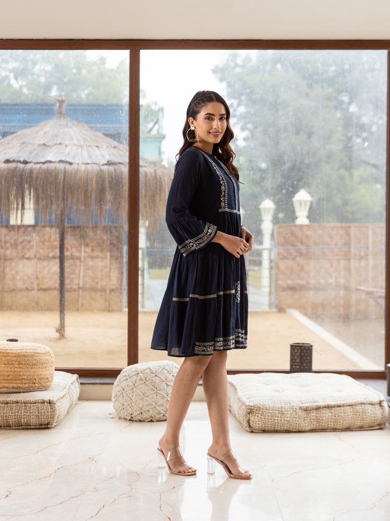 Blue star navy embroidery dress