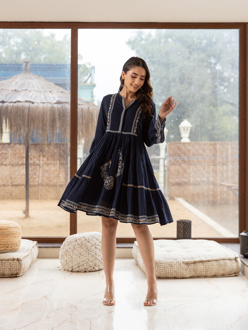 Blue star navy embroidery dress