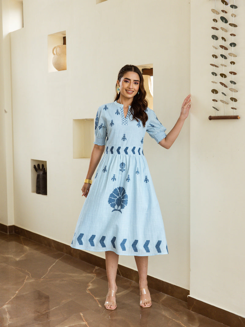 Autumn blue embroidery dress